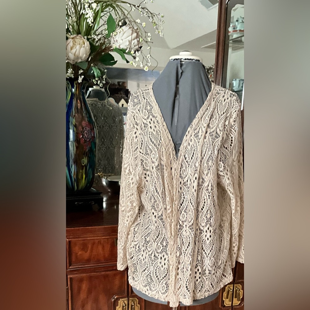 Open Crochet Knit Cardigan in Beige